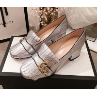 Luxury Gucci Leather GG Fringe Pumps 408208 Silver 2020