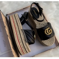 Luxurious Gucci Chevron Leather Platform Espadrille Sandals with Double G30308 Black 2020