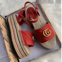 Unique Style Gucci Chevron Leather Platform Espadrille Sandals with Double G30308 Red 2020