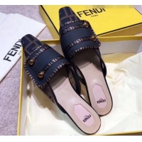 Luxury Fendi Logo Studs Flat Mules G31159 Black 2020