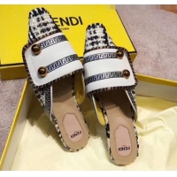 Charming Fendi Logo Studs Flat Mules G31159 White 2020