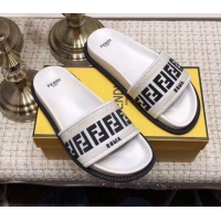 Classic Practical Fendi Flat Satin Slide Sandals in Embroidered Canvas and Lambskin G32004 Black/White 2020