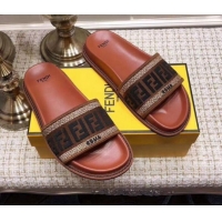 Unique Grade Fendi Flat Satin Slide Sandals in FF Embroidered Canvas and Lambskin G32004 Coffee 2020