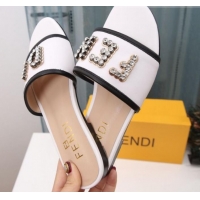 Trendy Design Fendi Calfskin Crystal Fendi Logo Flat Slide Sandals G70366 White