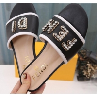 Low Price Fendi Calfskin Crystal Fendi Logo Flat Slide Sandals G70366 Black