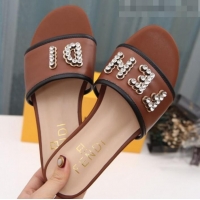 Best Price Fendi Calfskin Crystal Fendi Logo Flat Slide Sandals G70366 Brown