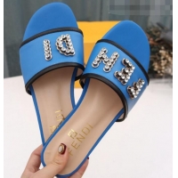 Popular Fendi Calfskin Crystal Fendi Logo Flat Slide Sandals G70366 Blue