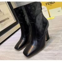 Sumptuous Fendi FFreedom Waxed Leather FF Logo Stamp High-Heel Short Boot G71744 Black 