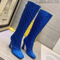 Shop Cheap Fendi FFreedom Silk Satins FF Logo Stripes High-Heel High Boot G71914 Blue