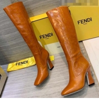 Discount Fendi FFreedom Waxed Leather FF Logo Stamp High-Heel High Boot G71918 Brown