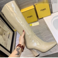 Luxurious Fendi FFreedom Waxed Leather FF Logo Stamp High-Heel High Boot G71918 Beige