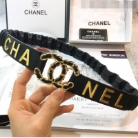 Popular Style Chanel Stretch Pleated Leather Belt Width 30mm with CC Buckle AA0538 Black