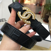 Best Price Chanel Quilted Chanel Logo Lambskin Belt 30mm with Pearl CC Buckle 71148 Black