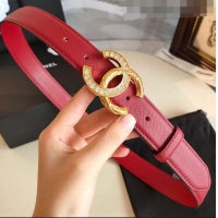 Shop Discount Chanel Grianed Calfskin Belt Width 30mm with Crystal Metal CC Buckle 11607 Red