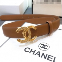 Inexpensive Chanel Smooth Calfskin Belt Width 25mm with Crystal Metal CC Buckle 22404 Brown