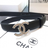 Cheapest Chanel Smooth Calfskin Belt Width 25mm with Crystal Metal CC Buckle 22405 Black