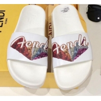 Design Fendi Rainbow Flat Slide Sandals White G82147