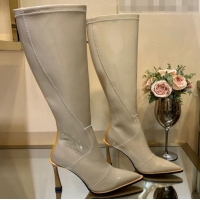 Fashion Fendi FFrame Stitching Patent Leather High Heel Knee Boots G82804 Light Grey