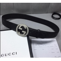 Cheapest Gucci GG Signature Leather Belt Width 40mm with Silver Interlocking G Buckle 11340 Black