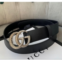 Classic Gucci Calfskin Belt Width 38mm with Carved GG Buckle 20335 Black/Silver