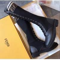 Affordable Price Fendi Calfskin and Knit Stretch Sock Lace-up Flat High Boots G91913 Black 2020