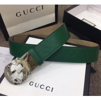 Top Quality Gucci GG Star Embossed Calfskin Belt Width 40mm with Interlocking G Buckle 21408 Green