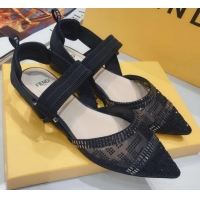 Luxurious Fendi Colibrì Crystal Mesh Slingback Flat Shoe G22613 Black 2020