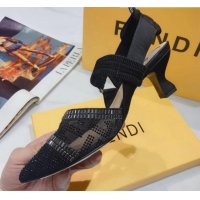 Good Quality Fendi Colibrì Crystal Mesh Mid-Heel Slingback Pumps G22616 All Black 2020