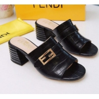 Unique Discount Fendi Promenade Stone-Grained Leather Heel Slide Sandals G30806 Black 2020