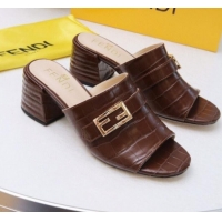 Elegant Fendi Promenade Stone-Grained Leather Heel Slide Sandals G30806 Brown 2020