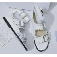 Fashion Dior Perforated Leather Buckle Strap Flat Sandals G22342 White 2020