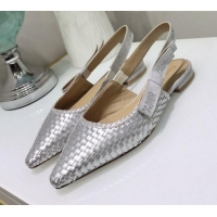 Low Cost Dior J'Adior Slingback Flat Pumps in Braided Metallic Silver Lambskin G23124 2020