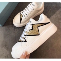 Top Quality Prada Calfskin Glitter Lightning Sneakers P91907 White/Gold