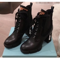 Good Quality Prada Contrasting Leather Lace-up High-Heel Short Boots P01251 Black/White