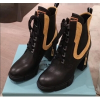 Good Product Prada Contrasting Leather Lace-up High-Heel Short Boots P01251 Black/Yellow