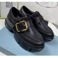 Shop Duplicate Prada Calfskin Buckle Platform Loafers P13023 Black 2020