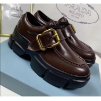 Top Design Prada Calfskin Buckle Platform Loafers P13023 Brown 2020