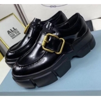 Top Quality Prada Glossy Leather Buckle Platform Loafers P13023 Black 2020