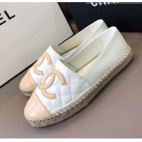 Good Quality Chanel Quilted Calfskin Flat Espadrilles G29762 White/Beige 2020