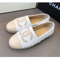 Unique Grade Chanel Tweed Flat Espadrilles G29762 White/Beige 2020