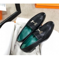 Best Design Hermes Paris Lambskin Flat Loafers H30710 Black/Green 2020