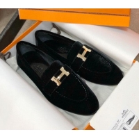 Top Grade Hermes Paris Suede Flat Loafers H30715 Black 2020