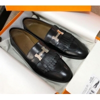 Pretty Style Hermes Royal Fringe Lambskin Flat Loafers H30715 Black 2020