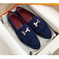 Cheap Price Hermes Royal Fringe Suede Flat Loafers H30715 Blue 2020