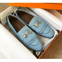 Good Quality Hermes Royal Fringe Lambskin Flat Loafers H30715 Light Blue 2020