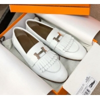 Most Popular Hermes Royal Fringe Lambskin Flat Loafers H30715 White 2020