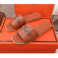 Best Product Hermes Villa Flat Slide Sandals H031301 Brown 2020