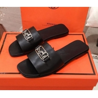 Luxury Discount Hermes Villa Flat Slide Sandals H031301 Black 2020