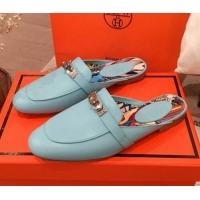 Luxurious Hermes Classic Kelly Calfskin Flat Mules H031307 Blue 2020