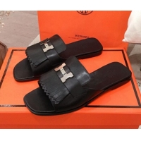 Newest Hermes Auteuil Calfskin Fringe Flat Slide Sandal H031407 Black 2020